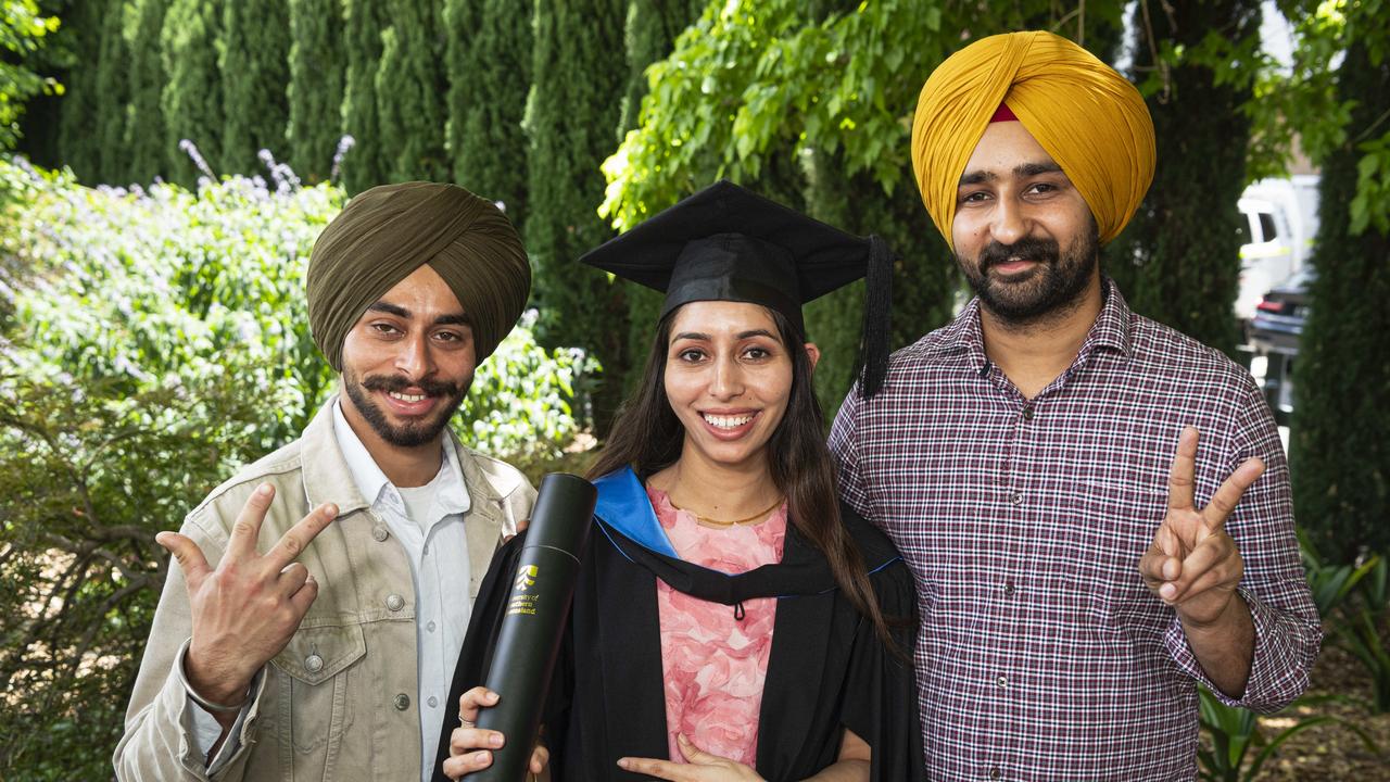 Bachelor of Nursing graduate Parveen with Sahil Deep (left) and Gurinder Singh at a UniSQ graduation ceremony at The Empire, Tuesday, October 29, 2024. Picture: Kevin Farmer