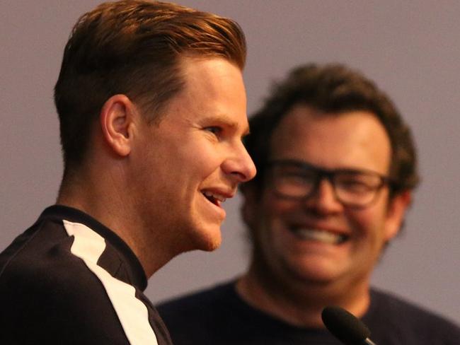 Former Australian Cricket Captain Steve Smith and Gus Worland were special guests at Knox Grammar School assembly where Steve spoke about mental health. Picture: Supplied