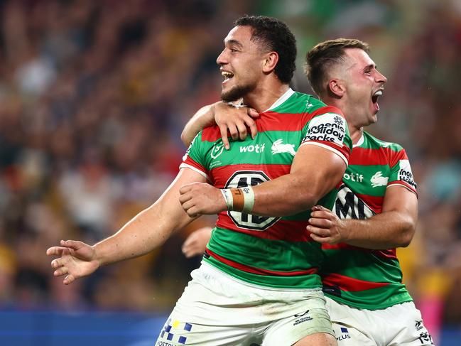 Davvy Moale of the Rabbitohs celebrates a try.