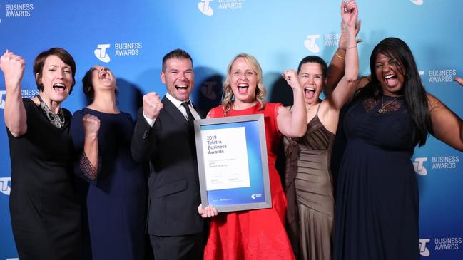 The team from Street Science celebrate their win at the 2019 Telstra Business Awards.