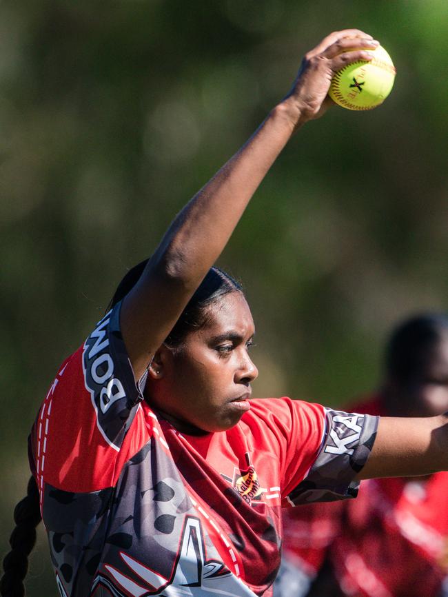 Kalarno Bombers Pitcher Kaitlyn Austral against the Wadeye Magic in a weekend of Music, Sport and Culture at the Barunga Festival. Picture Glenn Campbell