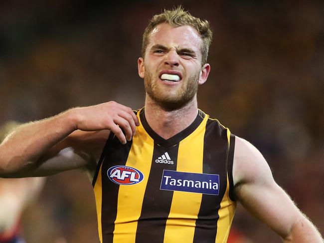 Hawthorn's Tom Mitchell injured shoulder during the AFL semi final match between the Melbourne Demons and Hawthorn at the MCG. Picture. Phil Hillyard