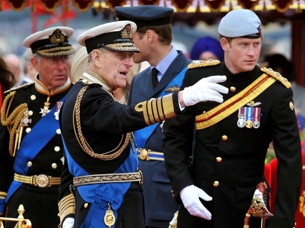 Prince Charles, Price Philip and Prince Harry at the Queen’s Diamond Jubilee Pageant on the River Thames. Picture: John Stillwell/WPA/Getty Images