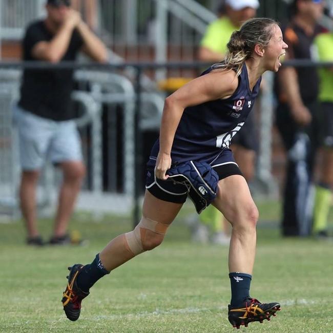 Lauren James celebrates after kicking the winning goal for Coolangatta against Bond. Picture: Jessy Hart