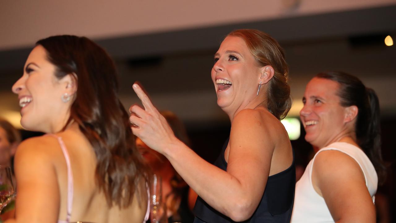 Kate Lutkins of the Brisbane Lions reacts during the 2021 AFLW W Awards at The Gabba on April 20, 2021 in Brisbane, Australia. (Photo by Jono Searle/Getty Images)