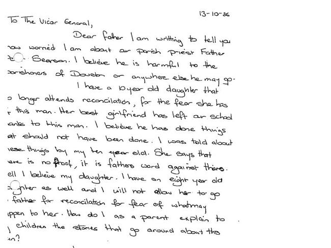 Parent’s letter to the Vicar General of the Catholic Church complaining about Searson’s sexual abuse of young girls during reconciliation.