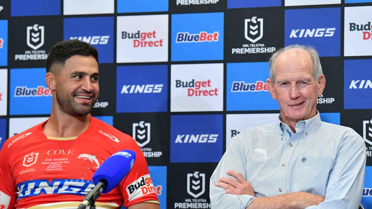 Dolphins captain Jesse Bromwich and coach Wayne Bennett. Picture: Patrick Woods.