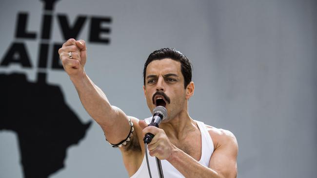 Rami Malek in the Live Aid scene from Bohemian Rhapsody. Picture: AP