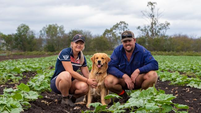 Raneece and Andrew Lerch, with their dog Hank, at their Laidley Heights farm. Picture: Ali Kuchel