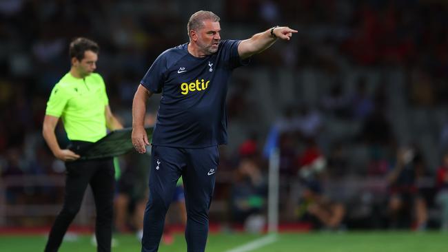 Ange Postecoglou, head coach of Tottenham Hotspur, gestures during the clash with Barcelona. (Photo by Eric Alonso/Getty Images)