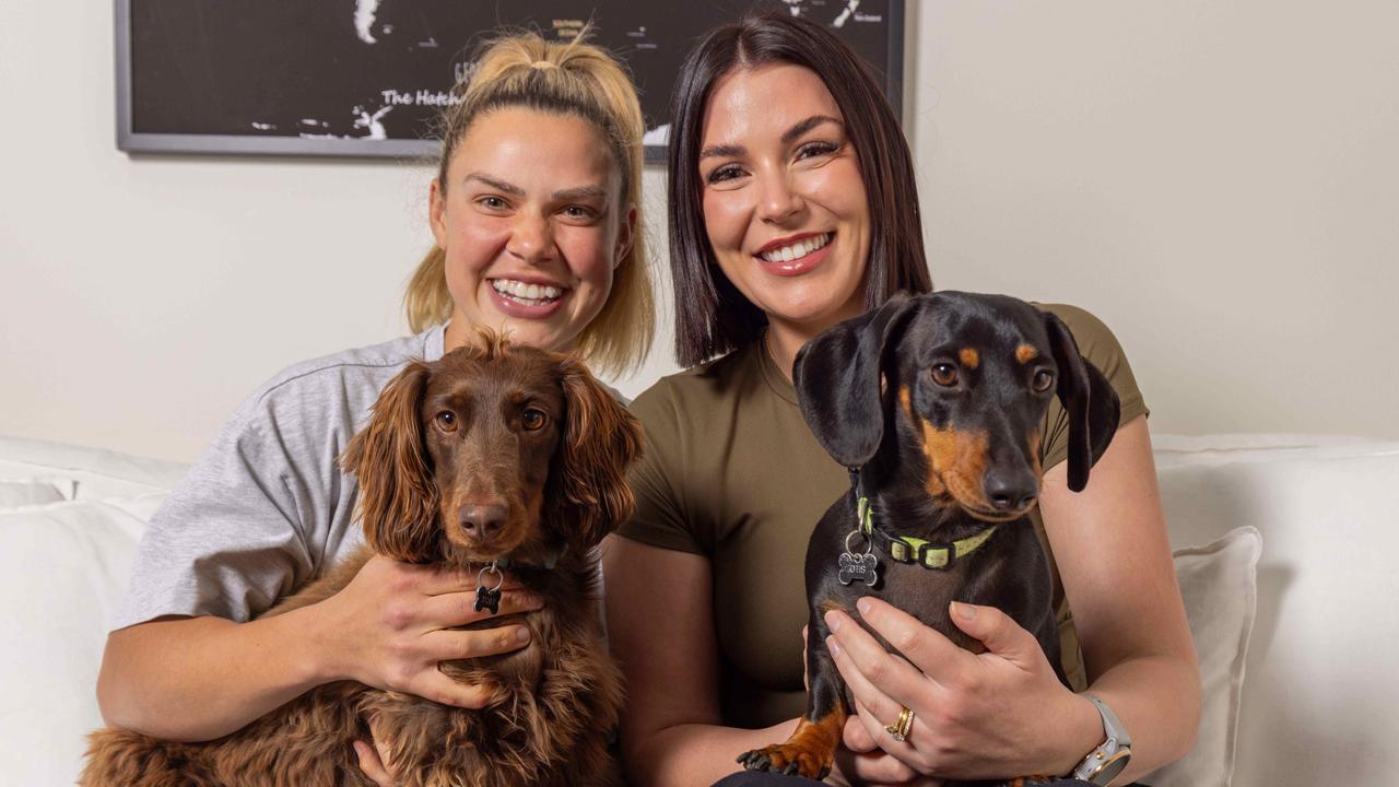 AFLW player Anne Hatchard and wife Georgie at their home in South Australia. Picture: Ben Clark