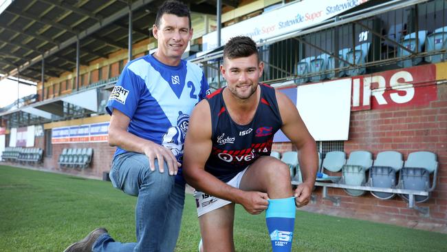 Norwood star Mitch Grigg and his father Chris as ambassadors for SockIt2MND. Mitch wearing blue socks which Norwood wore to raise awareness, while his father wears an Athlestone top. Picture: Dean Martin