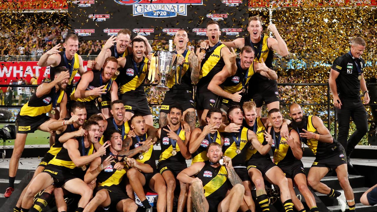 The Tigers celebrate their AFL Grand Final victory at the Gabba. Picture: Michael Willson/AFL Photos via Getty Images