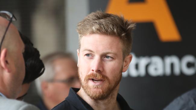 Jimmy Bedford, the husband of Tones And I, arrives at Frankston Magistrates’ Court on charges in regards to unapproved renovations on a Frankston property. Picture: David Crosling