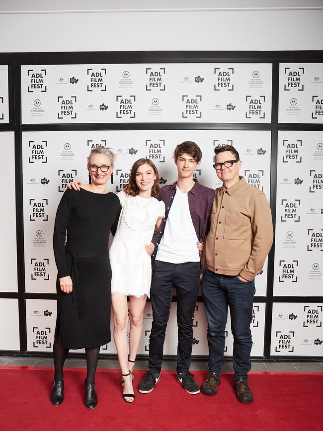 Roz Hervey, Tilda, Huey Cobham-Hervey Geoff Cobham pose for a picture on the red carpet at GU Film House in Adelaide, for the opening night of the Adelaide Film Festival. Picture: MATT LOXTON