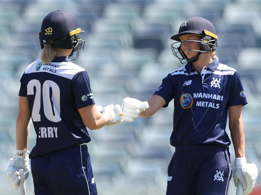 Ellyse Perry took to the field alongside the returning Meg Lanning for her first WNCL match of the summer at the WACA. Picture: Paul Kane/Getty Images