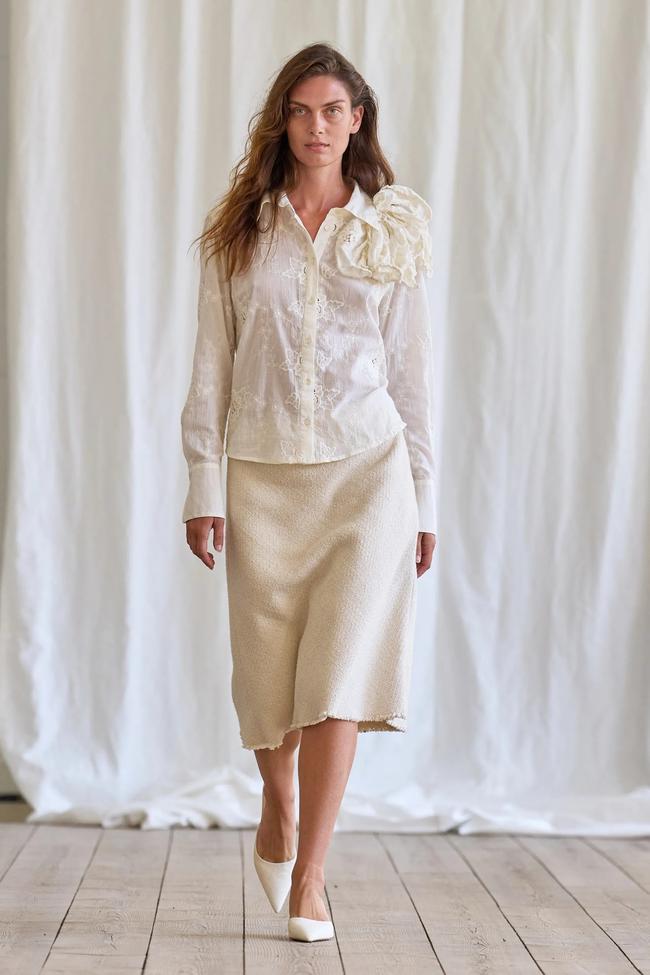 Skall Studio spring/summer ’25. Image credit: GoRunway.comShirting with a twistBig spring fashion energy isn’t complete without the right shirt, which is ideally solid but not weighty, formal but not stiff. 2024 could be described as the year that shirting found its fun side, and naturally, the Scandi brands at Copenhagen Fashion Week led the charge; take Skall Studio, which presented voluminous short-sleeve shirts and others with built-in floral broqués. 