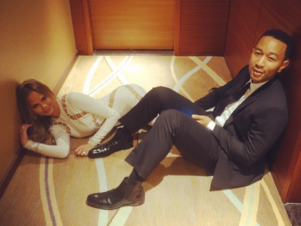 Uh Oh, superstar couple Chrissy Teigen and hubby John Legend must have forgot their keys: "Locked out". Picture: Chrissy Teigen Instagram