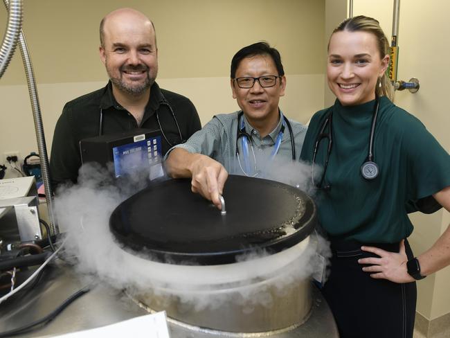 Townsville Hospital and Health Service haematologist and medical director of cancer services Dr Andrew Birchley, director of haematology Dr Hock-Choong Lai and haematology oncology staff specialist Dr Jane Royle. The Miles Labor Government is bringing a revolutionary new treatment of blood cancer patients to Townsville – the first regional city in Australia to receive the capability. Picture: Supplied