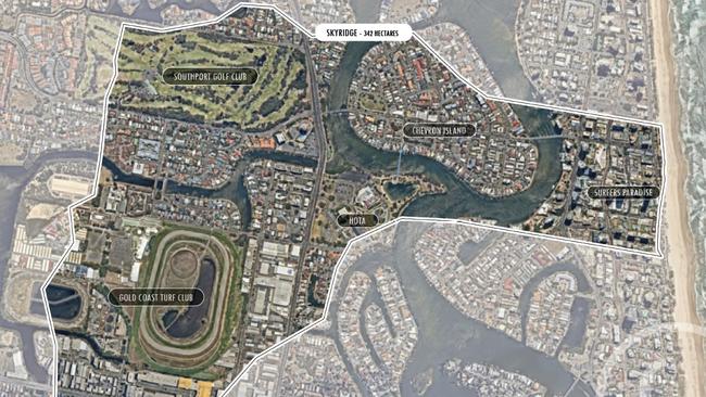 An overlay of the Skyridge development over Bundall, Chevron Island and Surfers Paradise, showing how big it actually will be.