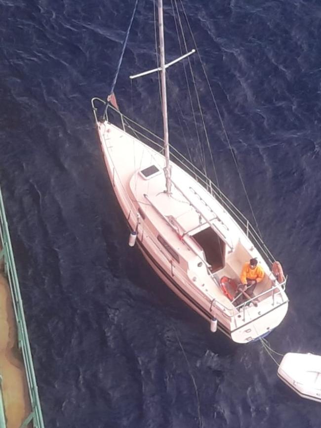 A bulk carrier responded to the yacht’s distress calls before towing it to land. Picture: ABF