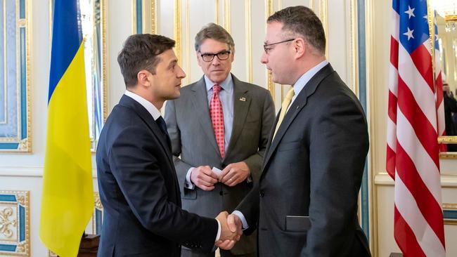 Alexander Vindman, right, with Volodymyr Zelensky, left, and US Energy Secretary Rick Perry in May. Picture: US State Department