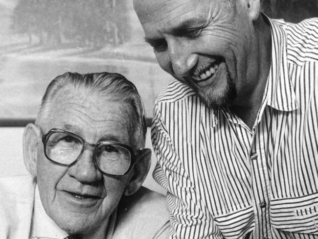 Jack Dyer and Ian Major drink a toast to their radio days in 1991.