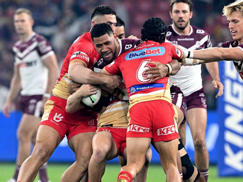 BRISBANE, AUSTRALIA - MAY 09: TanielaÃ&#130;Â Paseka of the Sea Eagles takes on the defence during the round ten NRL match between the Dolphins and the Manly Sea Eagles at Kayo Stadium, on May 09, 2024, in Brisbane, Australia. (Photo by Bradley Kanaris/Getty Images)