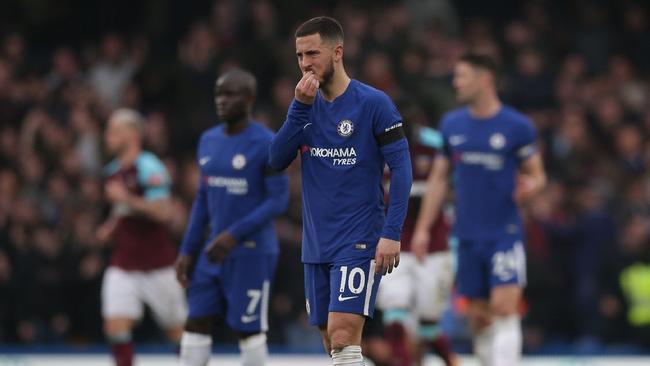 Chelsea's Belgian midfielder Eden Hazard reacts after they concede the West Ham