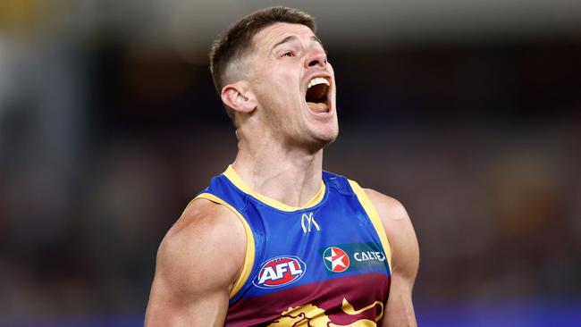 Dayne Zorko of the Lions celebrates a goal during the Lions qualifying final win. Picture: Michael Willson/AFL Photos via Getty Images