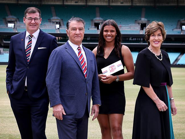 Roosters announce sport scholarship winner Sydney FCsoccer player and future Matilda, Jada Whyman. (L-R) Roosters CEO Joe Kelly, Chairman Nick Politis, Jada Whyman and Suncorp chair Christine McLouglin Jane Dempster/The Australian.