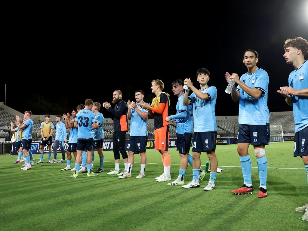 Sydney FC celebrate victory during the AFC Champions League match between Sydney FC and Kaya FC Iloilo at Netstrata Jubilee Stadium on December 05, 2024 in Sydney, Australia. Picture: Getty Images