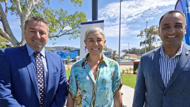 Federal Cowper MP Pat Conaghan, Coffs Mayor Nikki Williams and state Coffs Harbour MP Gurmesh Singh at the refreshed Brelsford Park.