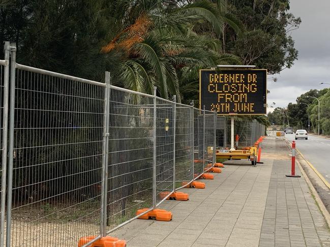 Signs announcing the closure of a portion of Brebner Drive in West Lakes. Pic: Paula Thompson