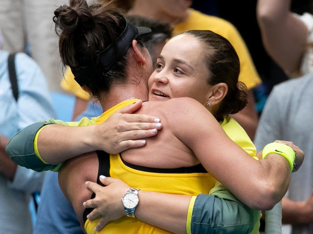 Ash Barty hugs Ajla Tomljanovic during the 2019 Fed Cup Final. Picture: AAP Image/Fiona Hamilton