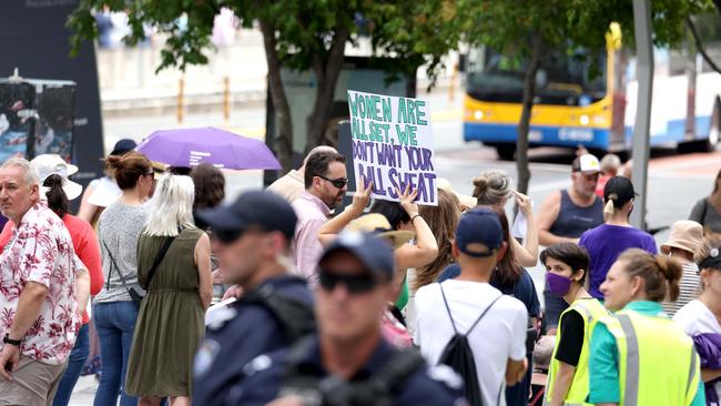 Protesters gather in Brisbane on Sunday. Picture: Steve Pohlner