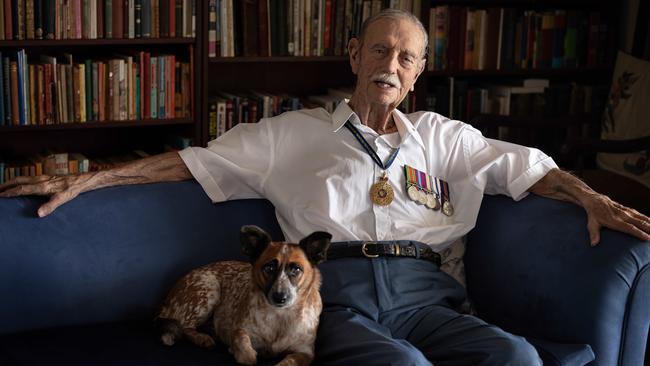 Austin Asche, 98, with his dog Freya, is set to be the last man standing at Darwin's big Anzac Day march this year. Picture: Rebecca Booth/The Australian