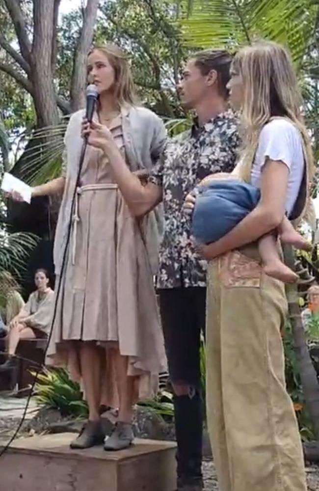 Isabel Lucas pictured speaking at an anti-5G rally in Byron Bay. Picture: Facebook