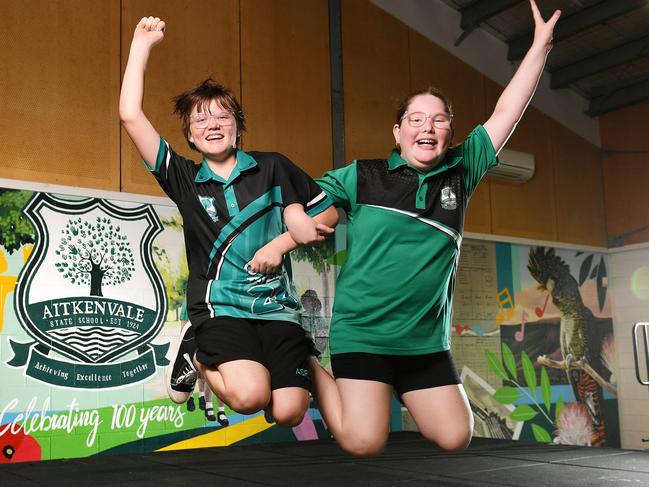 Aitkenvale State School year 6 school captains Nicole Hardy, 11, and Kate Barrett, 12, celebrate the school's 100 year anniversary. Picture: Shae Beplate.