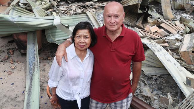 Tony and Digna Antonucci with the burned out ruins of their hose near Moyston which was destroyed  in the Grampians bushfire. Sunday, December 29. 2024. Picture: David Crosling