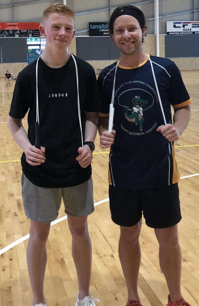 Juzzy Jumpers' Mav Larkin from Canberra and 68-time World Jump Rope Champion and former Australia's got Talent competitor Luke Boon launch the Australian Rope Skipping Championships in Darwin. Picture: Lily McCure