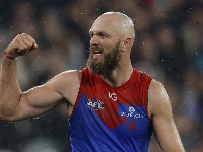 MELBOURNE , AUSTRALIA. May 5 , 2024.  AFL Round 9. .Carlton vs Melbourne at the MCG.   Max Gawn of the Demons celebrates a  goal with 40 secs left in the match  . Pic: Michael Klein