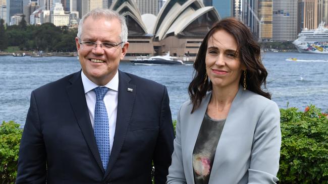 Prime ministers Scott Morrison and Jacinda Ardern last met face-to-face in Sydney in February 2020, shortly before the Covid-19 pandemic shut down the world. Picture: James D. Morgan/Getty