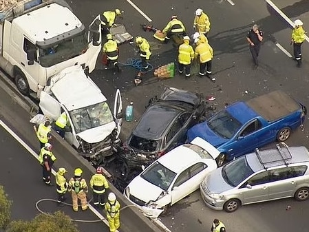 An aerial picture of the aftermath of a fatal nine-vehicle pile-up on the M4 at Prospect on December 2, 2024. Picture: Nine News