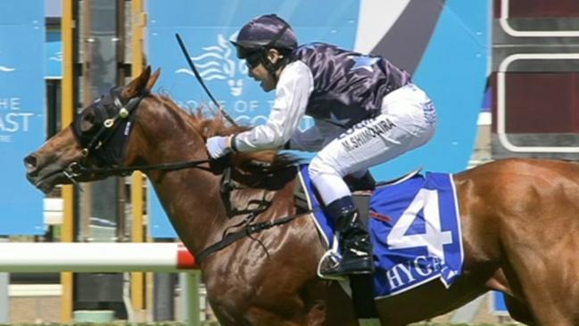 Diamonds On Ruby won the Fillies and Mares Maiden Handicap (1200m) with jockey Minehiko Shimodaira at the Gold Coast on Saturday, October 28. Photo: Supplied.