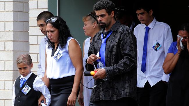 Rhoda Narrier, third left, at son Peter’s funeral with his brother Tyler, left, and father Chris, second right.