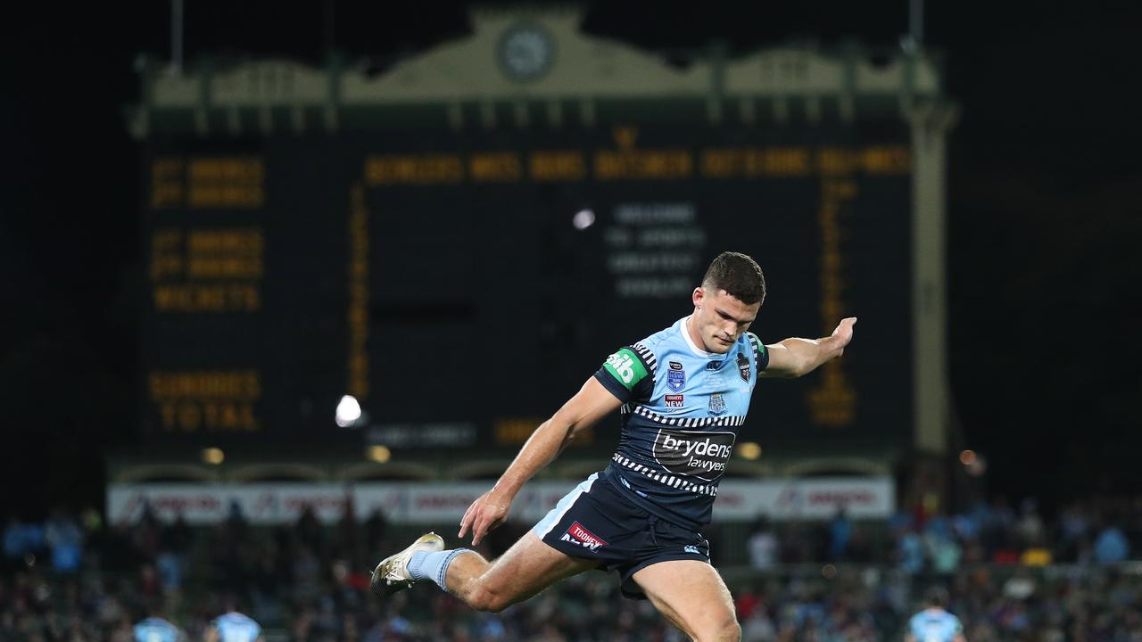 NSW's Nathan Cleary kicks for goal during Game 1 of the NSW v QLD State of Origin series at Adelaide Oval, Adelaide. Picture: Brett Costello