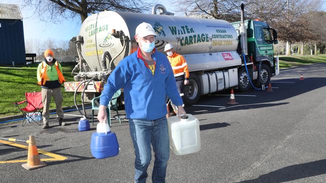 Sheridan Lee fills up at the tanker. Picture: David Crosling