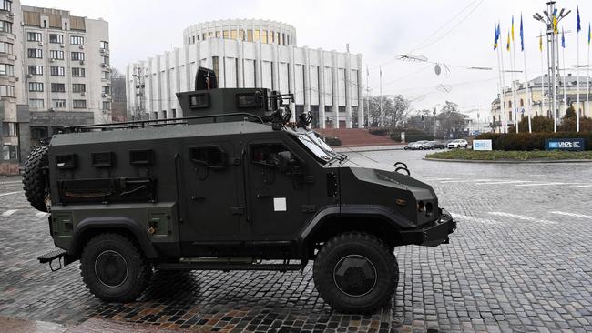 A Ukrainian military vehicle drives in central Kyiv. Picture: Daniel Leal / AFP)