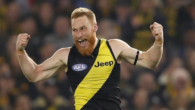 Nick Vlastuin celebrates a rare goal against the Swans in Round 15. Picture: Getty Images